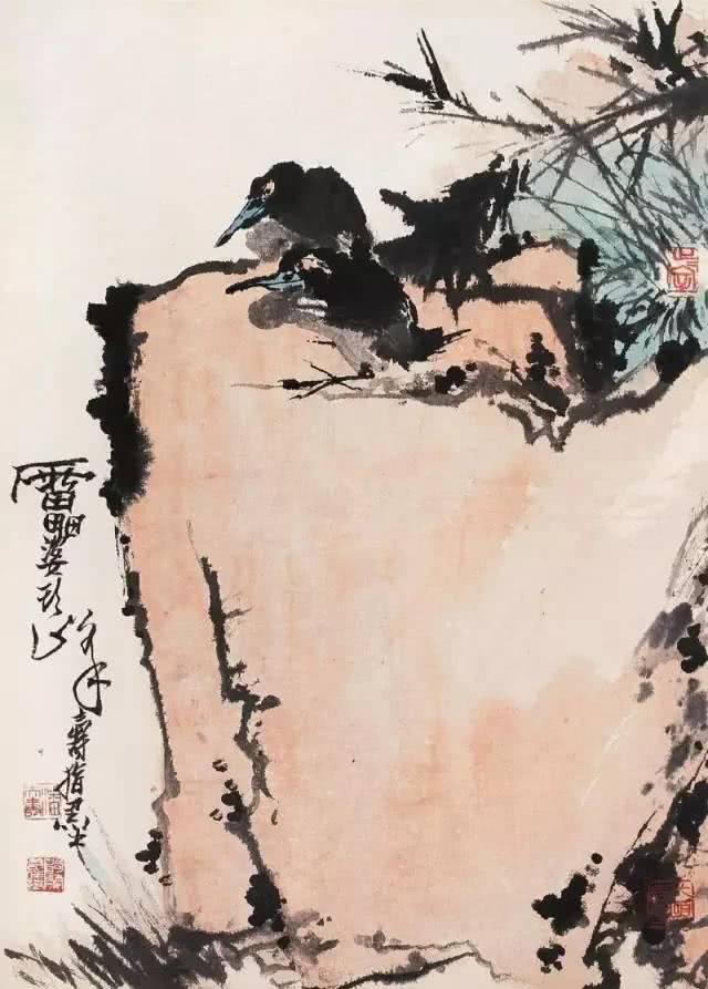 《鹰石山花图》,是现代著名画家潘天寿"鹰石图"题材中的巅峰之作